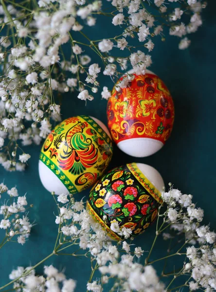 stock image Still life with Easter eggs. Top view photo of colorful eggs on a table. Easter holidays concept. 