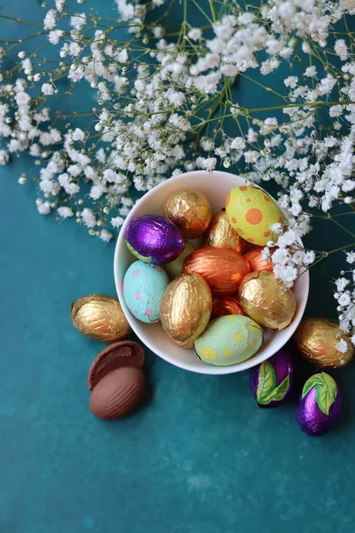 Chocolate Easter Eggs Close Photo Holiday Sweets Blue Background Copy — Stock Photo, Image
