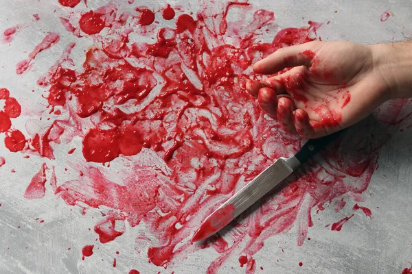 Faca Mão Fundo Sangrento Bagunçado Com Espaço Cópia Homicídios Abuso — Fotografia de Stock