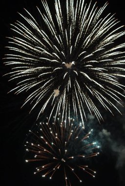 Gece gökyüzünde çeşitli renklerde renkli havai fişekler, kutlama ve yıldönümü konsepti