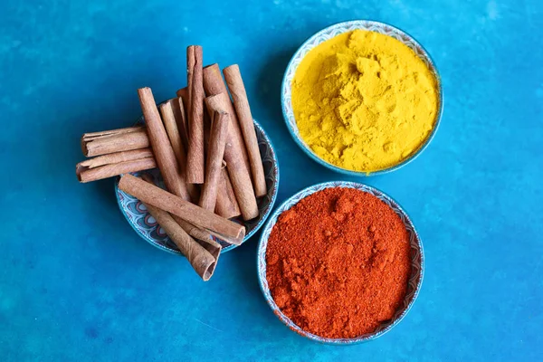 Composition Different Spices Color Background Top View Space Text — Stock Photo, Image