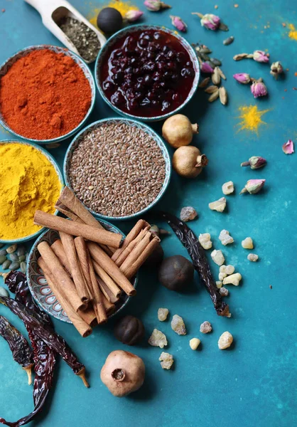 stock image Composition with different spices on color background, top view. Space for text