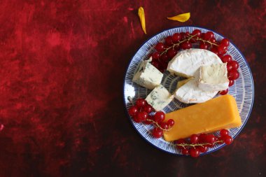 Peynir koleksiyonu, Fransa 'nın Normandiya bölgesinden kırmızı frenk üzümlü Fransız peyniri ve mavi brie peyniri.