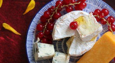 Kırmızı arka planda kırmızı frenk üzümü ve mavi peynirli peynir tabağı.. 