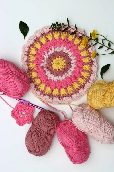 Pink Crocheting Handmade Ornament Made Organic Pink Yarn White Background — Stock Photo, Image