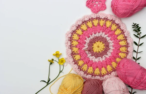 Spring Crochet Ideas Beautiful Pattern Made Soft Pink Cotton Yarn — Stock Photo, Image