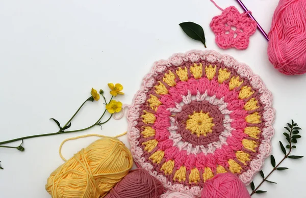 Pink Crocheting Handmade Ornament Made Organic Pink Yarn White Background — Stock Photo, Image