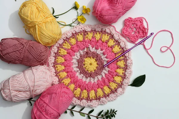 Crocheted Pink Yellow Mandala White Background Copy Space Top View — Stock Photo, Image