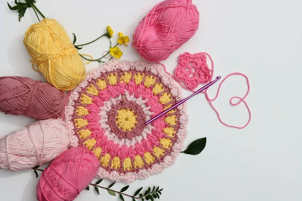 Crocheted Pink Yellow Mandala White Background Copy Space Top View — Stock Photo, Image
