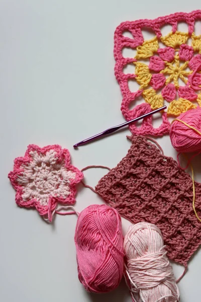 Yellow Pink Crochet Pattern Easter Crochet Ideas Fluffy Soft Cotton — Stock Photo, Image