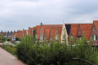 Sokaktaki klasik Hollandalı evleri. Kırmızı kiremitli şirin binalar. Hollanda 'nın mimarisi.. 
