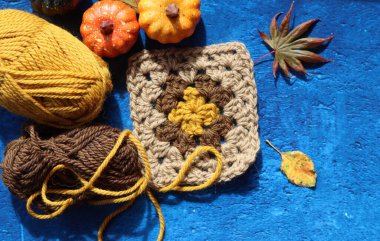 Balkabakları, elmalar, yapraklar, yün iplik ve örgü ören büyükanne kare desenli sonbahar hayatı. Sonbahar tığ işi fikirleri.. 