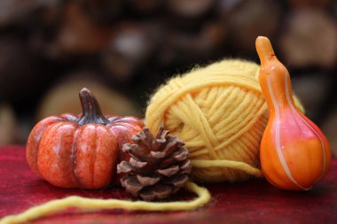 Sıcak sonbahar, kırmızı elmalar ve yün yumaklarla dolu sakin bir hayat. Hobi ve eğlence konsepti. 