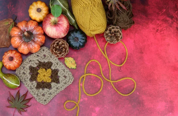 Autumn Still Life Pumpkins Apples Leaves Woolen Yarn Crochet Granny — Stock Photo, Image