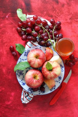 Kırmızı arka planda kırmızı elma ve üzüm ve bir fincan bal. Yahudi yeni yılı Rosh Hashana kutlaması. Mevsimlik meyve ve bal ile sakin bir hayat. 