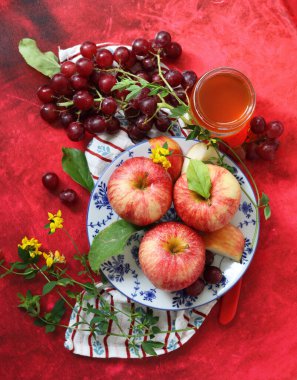 Sonbahar, kırmızı desenli arka planda olgun elma ve üzümlerle dolu bir hayattır. Üst görünüm.
