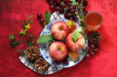 Kırmızı arka planda kırmızı elma ve üzüm ve bir fincan bal. Yahudi yeni yılı Rosh Hashana kutlaması. Mevsimlik meyve ve bal ile sakin bir hayat. 