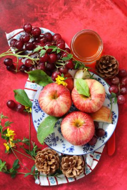 Kırmızı arka planda kırmızı elma ve üzüm ve bir fincan bal. Yahudi yeni yılı Rosh Hashana kutlaması. Mevsimlik meyve ve bal ile sakin bir hayat. 