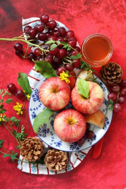 Kırmızı arka planda kırmızı elma ve üzüm ve bir fincan bal. Yahudi yeni yılı Rosh Hashana kutlaması. Mevsimlik meyve ve bal ile sakin bir hayat. 