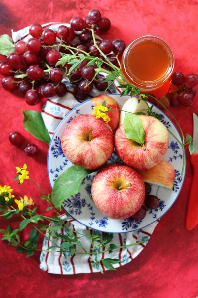 Kırmızı arka planda kırmızı elma ve üzüm ve bir fincan bal. Yahudi yeni yılı Rosh Hashana kutlaması. Mevsimlik meyve ve bal ile sakin bir hayat. 