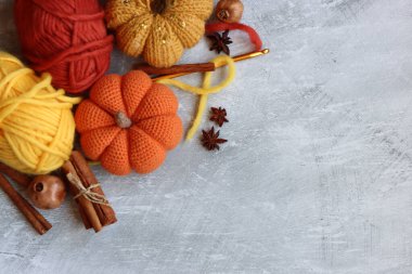 Sonbahar tığ işi. Doğal iplikten yapılmış el yapımı amigurumi oyuncaklarının yakın plan fotoğrafı. Sonbahar tatili için güzel dekorasyonlar. Hobiler ve eğlence konsepti. 