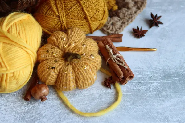 秋天的钩针 近照是用天然纱制成的手工羊毛衫玩具 秋节假期的装饰品真漂亮 业余爱好和休闲概念 — 图库照片