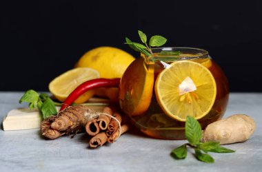 Sıcak çay, zencefil, zerdeçal kökü, tarçın çubuğu, limon ve nane yapraklı çaydanlık. İltihaplı kış içeceği tarifi.. 