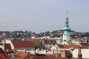 Eski Bratislava kasabası, Slovakya güneşli bahar günü. Güzel binalar, çiçek açan ağaçlar, sokak manzarası. Orta Avrupa 'nın mimarisi. 