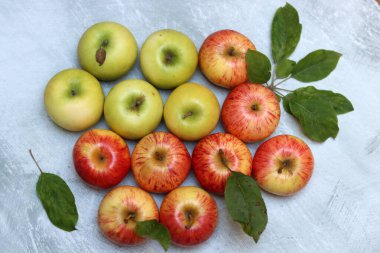 Güzel yeşil ve kırmızı elmalar üst manzara fotoğrafı. Açık gri desenli arka planda sulu organik meyve ve metin için yer var. Sağlıklı yeme kavramı. 