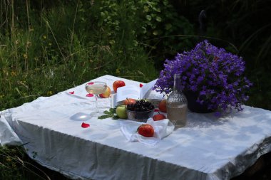 Bahçede yaz pikniği. Taze meyve, çiçek ve şampanya dolu beyaz bir masa örtüsü üzerinde. Bahçede sıcak bir gün. Romantik yemek masası.. 