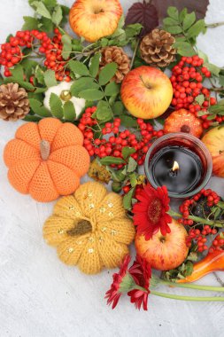 Şükran Günü arifesi sofrası için el yapımı dekorasyonlar. Örgü ve seramik balkabaklarından, kırmızı yapraklardan, kozalaklardan, elmalardan, yaban mersinlerinden, çiçeklerden ve mumlardan oluşan renkli bir bileşim.. 
