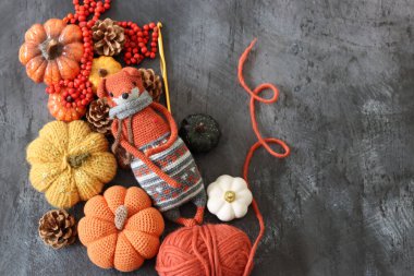 Tığ işi oyuncak, yakın plan fotoğraf. Koyu arkaplan üzerine renkli el yapımı halı bebekleri ve metin için yeri var. Güzel sonbahar hediye fikirleri. Hobi ve boş zaman aktiviteleri konsepti. 