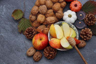 Elma ve bal, Yahudi yeni yıl sembolleri. Rosh Hashana kutlama konsepti. Sonbahar meyvesiyle hayat. 