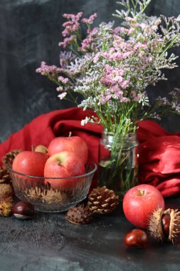 Kestaneli mevsimlik kompozisyon, kırmızı sulu elma ve gri arka planda fındık ve metin için boşluk. Hasat festivali konsepti. 