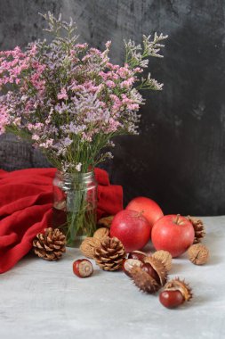 Kestaneli mevsimlik kompozisyon, kırmızı sulu elma ve gri arka planda fındık ve metin için boşluk. Hasat festivali konsepti. 