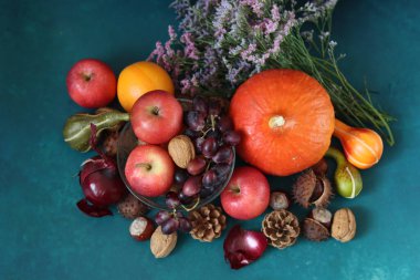Balkabağıyla hayat devam ediyor. Taze mevsimlik meyve ve sebzeler masada. Şükran Günü yemeği malzemelerinin üst görüntüsü. Sağlıklı konsept yemek. 
