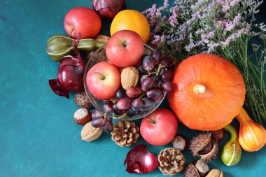 Masanın üzerinde rahatlatıcı yemek malzemeleri var. Balkabağı, elma, fındık ve çiçeklerle dolu renkli bir hayat. Sonbahar hasat konsepti. 