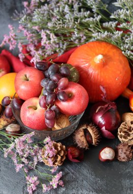 Balkabağıyla hayat devam ediyor. Taze mevsimlik meyve ve sebzeler masada. Şükran Günü yemeği malzemelerinin üst görüntüsü. Sağlıklı konsept yemek. 