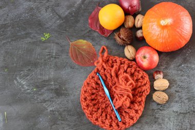 Kızıl Kuri kış kabağıyla sonbahar kompozisyonu. Sağlıklı konsept yemek. Sebzelerle hayat. 