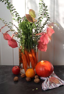 Kızıl Kuri kış kabağıyla sonbahar kompozisyonu. Sağlıklı konsept yemek. Sebzelerle hayat. 