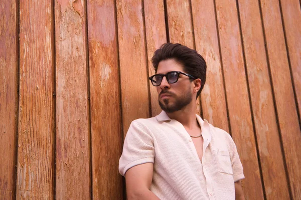 Young Hispanic Man Beard Sunglasses White Shirt Looking Side Serious — Stock Photo, Image
