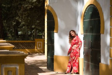 Tipik Fas kırmızısı takım elbiseli, altın ve gümüş ipliklerle işlenmiş, duvara yaslanmış güzel bir genç kadın. Güzellik kavramı, etnik köken, tipik takım elbiseler, Marakeş, Arap.