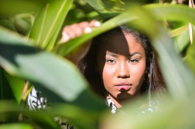Portrait of a young, beautiful, Latin and South American woman, within a leafy group of green leaves, receiving the sun's rays between the hollows of the leaves and making different expressions.