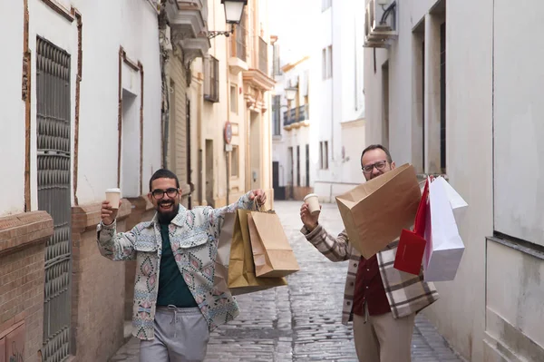 Real Marriage Gay Couple Walking Street Hands Full Shopping Bags — Fotografia de Stock