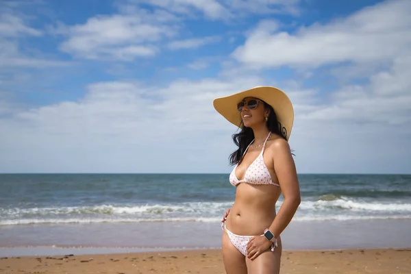 South American Woman Young Beautiful Brunette Sunglasses Hat Bikini Posing — Photo