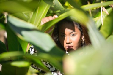 Portrait of a young, beautiful, Latin and South American woman, within a leafy group of green leaves, receiving the sun's rays between the hollows of the leaves and making different expressions.