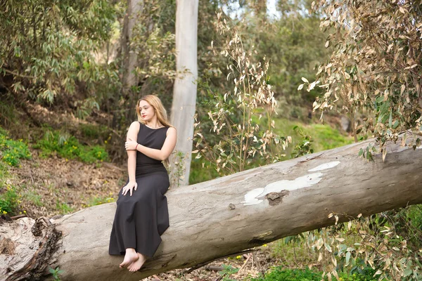 Genç bir kadın, sarışın ve güzel, siyah elbiseli, büyük bir ağacın gövdesinde oturuyor, doğanın ortasında, saf ve bakir. Doğa, huzur, saflık, bekaret, ağaçlar.
