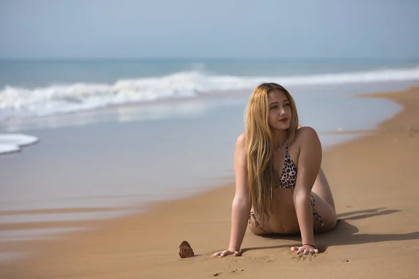 Młoda Blondynka Piękna Kobieta Bikini Nadrukiem Lamparta Leżąca Brzegu Plaży — Zdjęcie stockowe