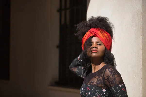 Genç Güzel Siyah Bir Kadının Portresi Afro Saçlı Saçında Çiçekli — Stok fotoğraf