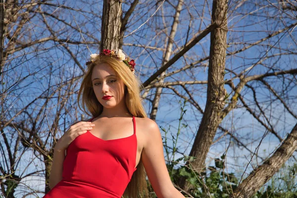 Genç Güzel Sarışın Bir Kadının Portresi Kırmızı Elbiseli Taç Takmış — Stok fotoğraf